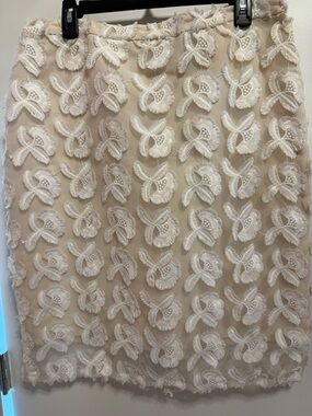 Lord & Taylor Beige Pencil Skirt with White Lace Appliqué